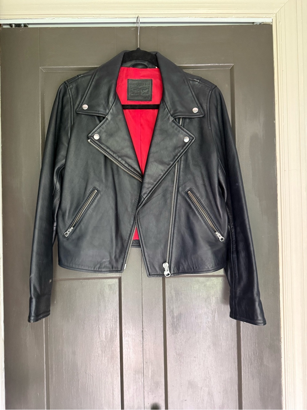 Levi's Black Leather Moto Jacket with Red Lining